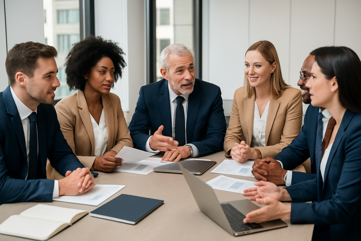 A hub for professional growth, we equip entrepreneurs with essential skills and insights for success. Diverse group of professional indiciduals at a meeting where navy blue, tan, and white suits